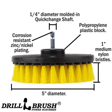 Drillbrush 5 Inch Diameter Drill Powered Scrub Brush With Quarter Inch 5in-Lim-Yellow-Short-QC